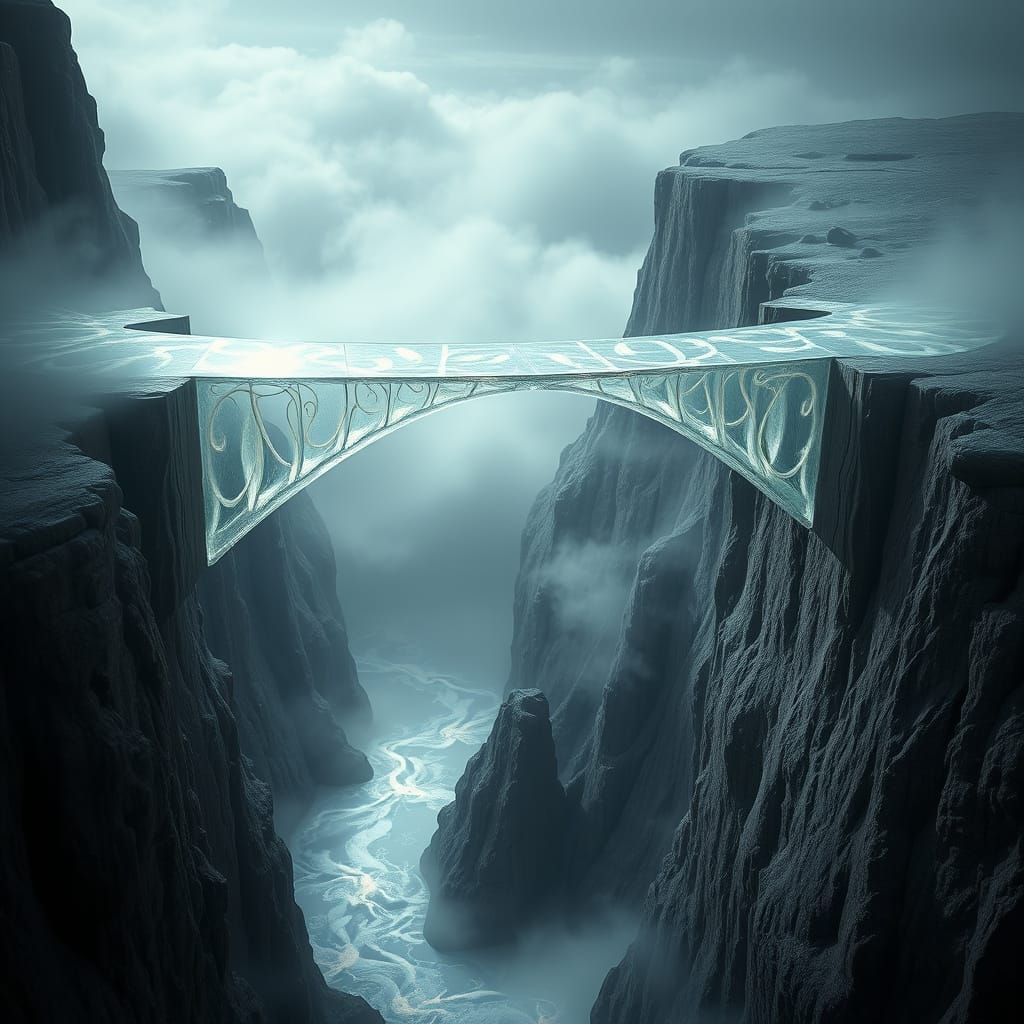 Ethereal Glass Bridge Connects Cliff Cliffs Over Swirling Fo...