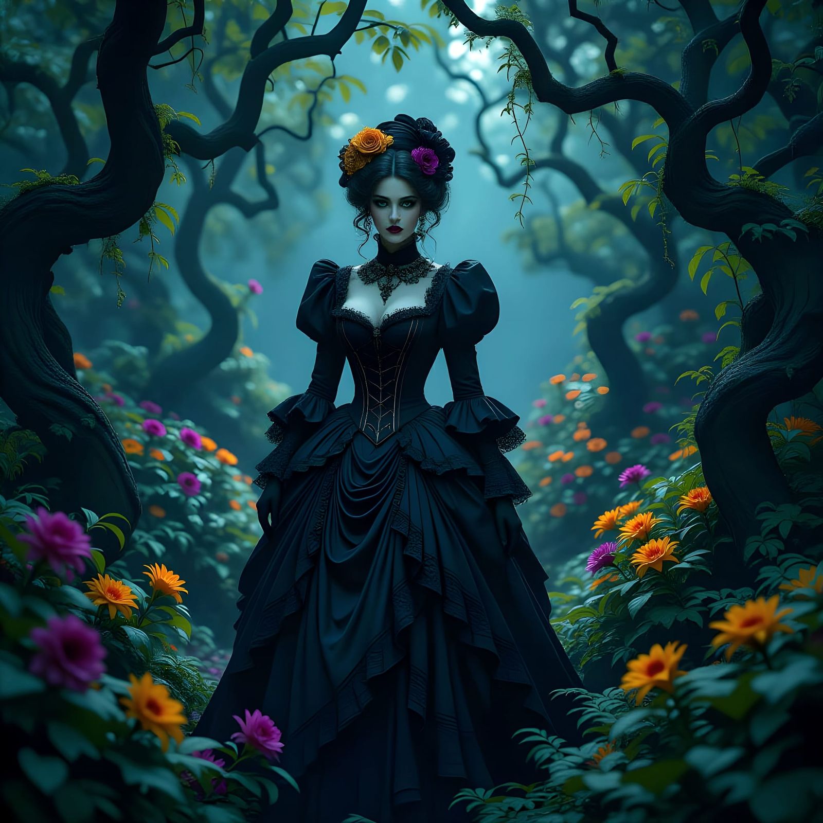 Dark Fantasy Beauty in Creepy Garden, Hyperdetailed Art