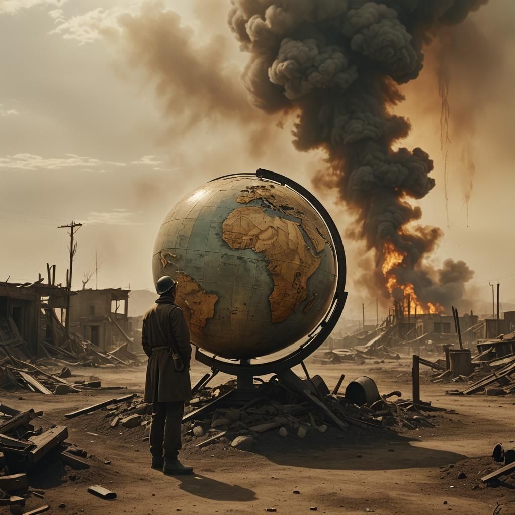 Globe Weeping Oil in War-Torn Landscape