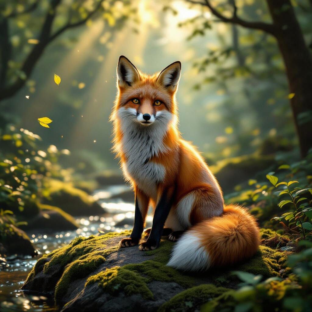 Red Fox in Ancient Forest: Sunlight and Serenity