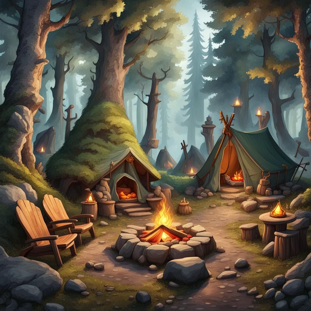 Dwarven Campsite in a Fantasy Forest