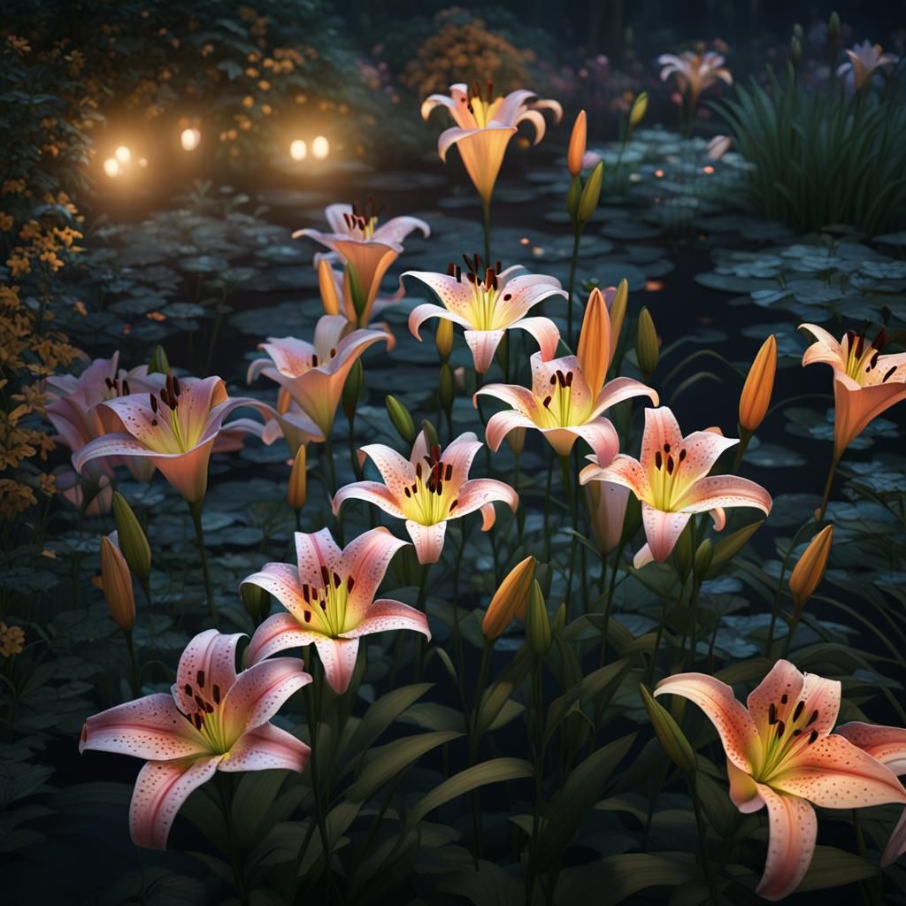 Colorful Night Lily Garden in Hyper-Realistic Style