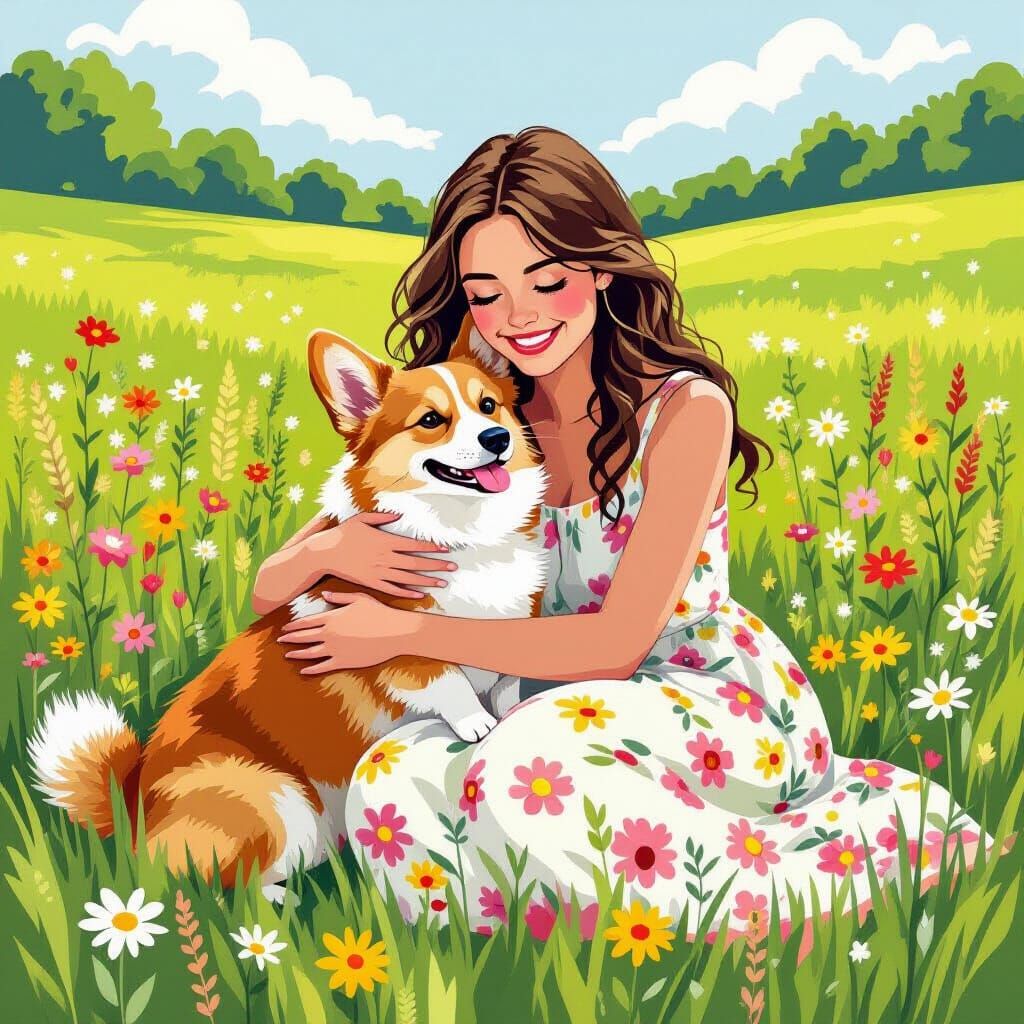 Teen and Corgi in Whimsical Flower Meadow