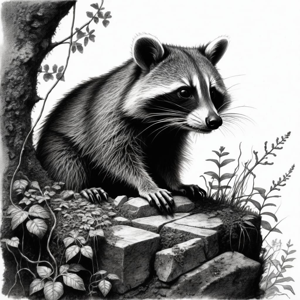 Raccoon on Stone Wall--Pencil Drawing