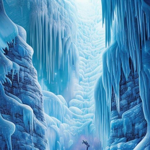 Frozen Crystal Waterfalls in Ink Brush Style