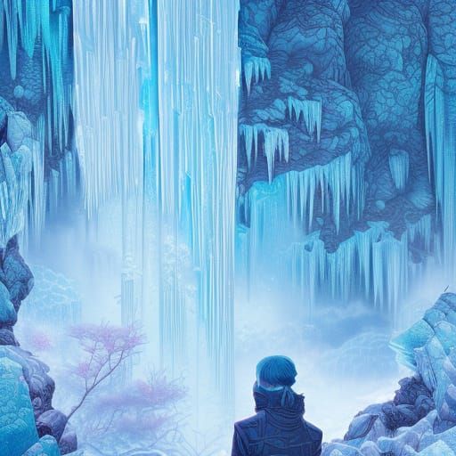 Frozen Crystal Waterfalls in Chinese Ink Brush Style