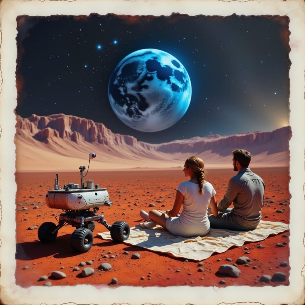 Vintage Mars Picnic: Couple's Futuristic 2090 Getaway