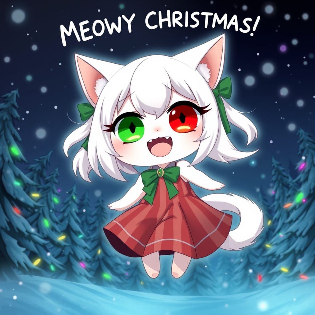 Adorable Anime Catgirl Basks in Christmas Magic