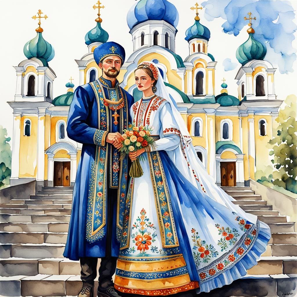 Ukrainian wedding couple in Ukrainian costume,