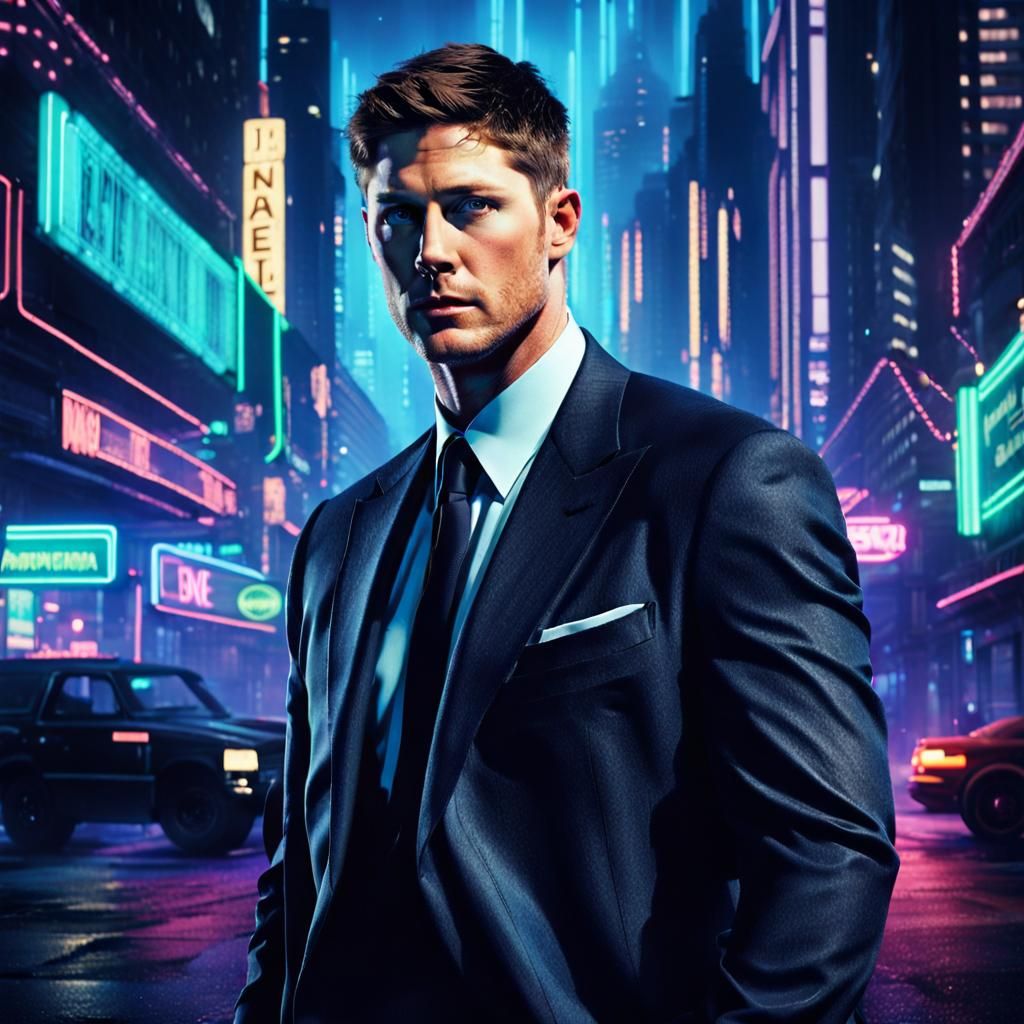 Man in Black Suit in Cyberpunk City
