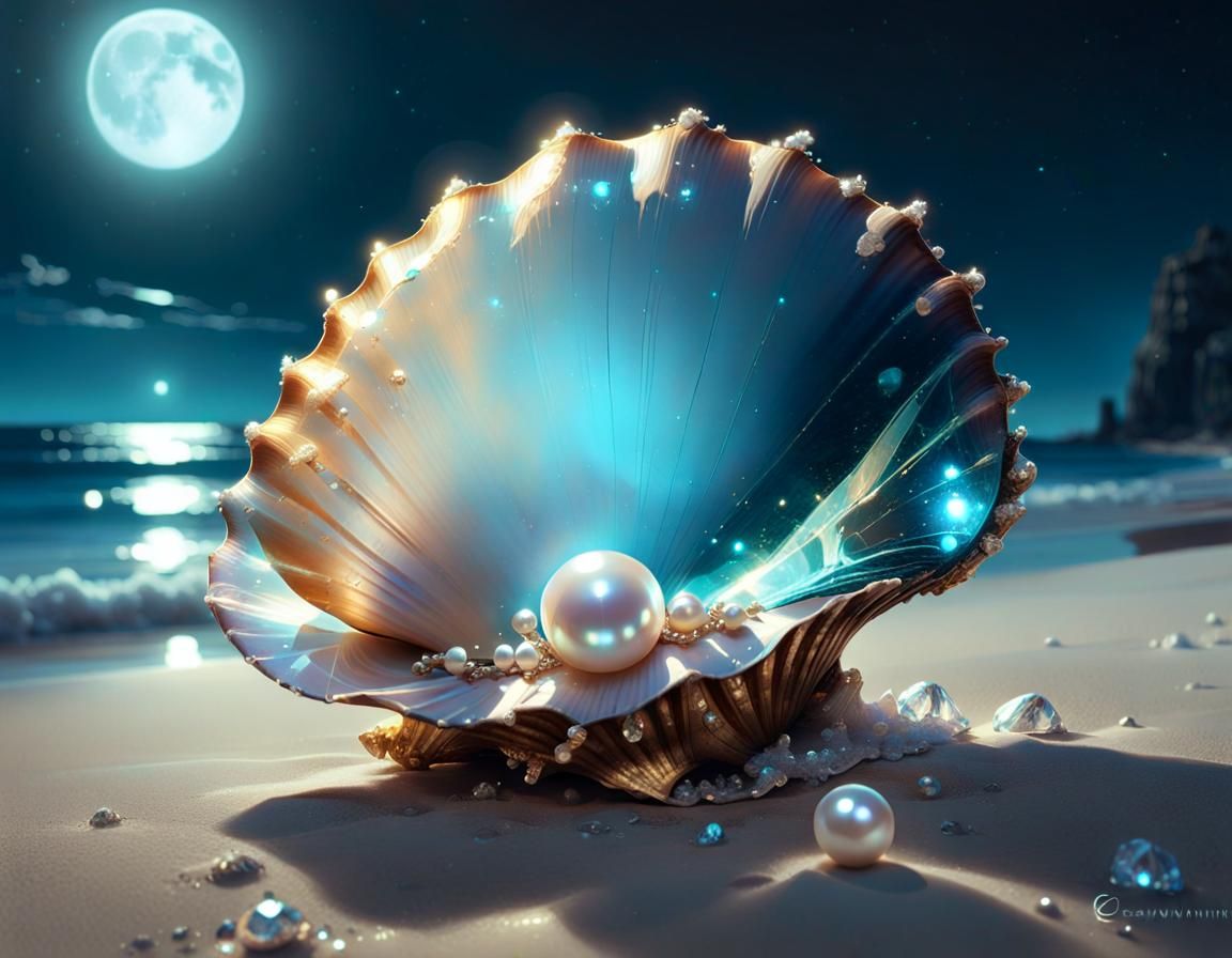 Bioluminescent Crystal Shell Under Moonlight