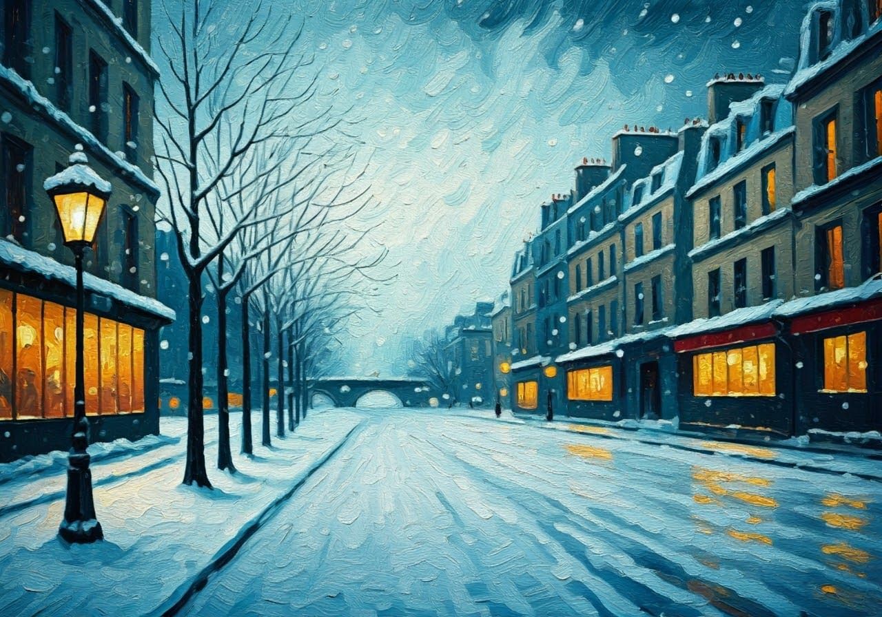 Paris Snowfall in Post-Impressionist Style