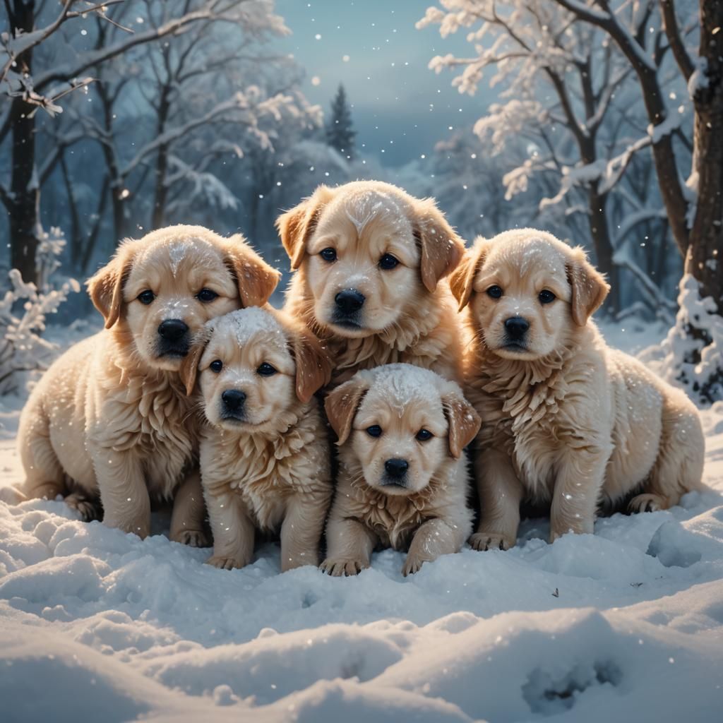 Puppies Cuddling in Snow: Atmospheric Digital Painting