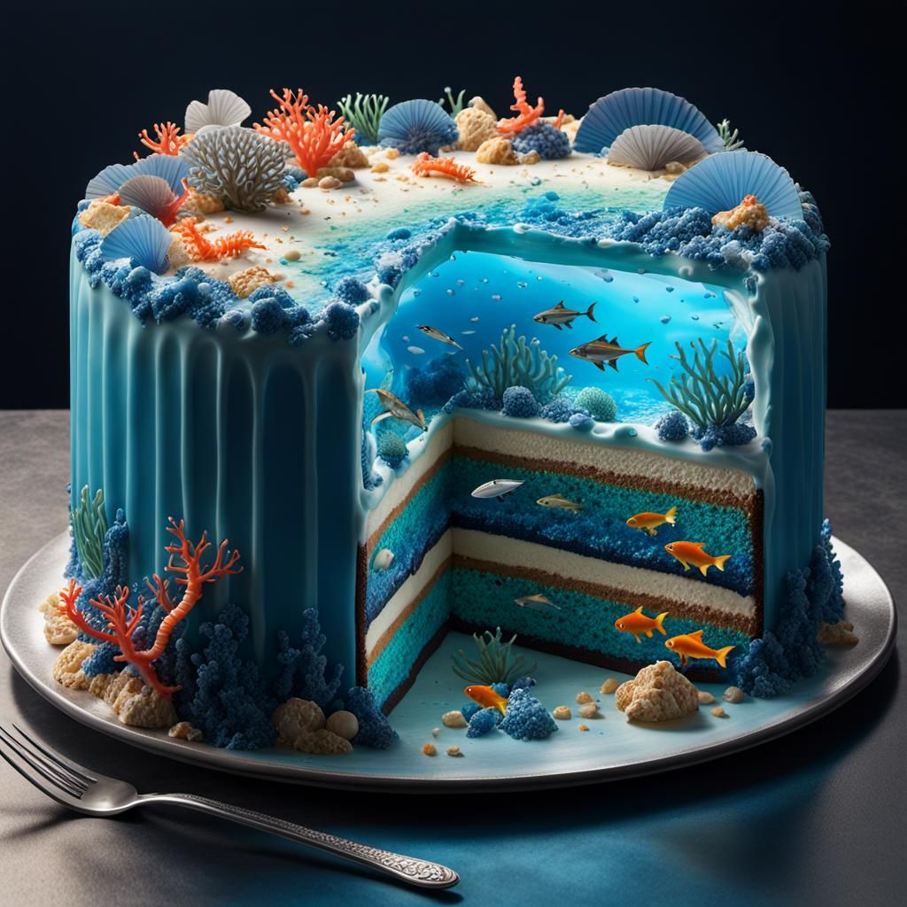 Hyperrealistic Cake Slice with Coral Reef
