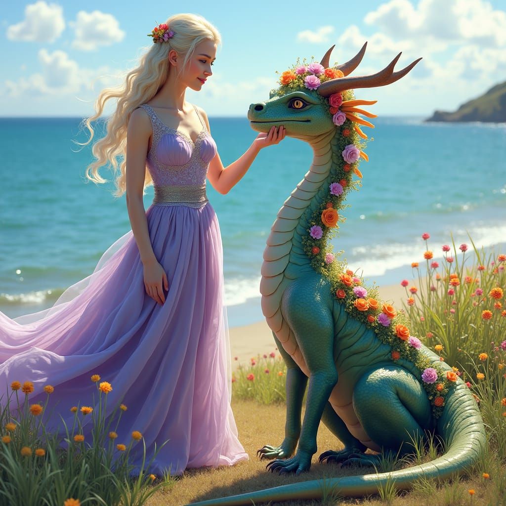 Daenerys and Flower Dragon in Sunlit Meadow