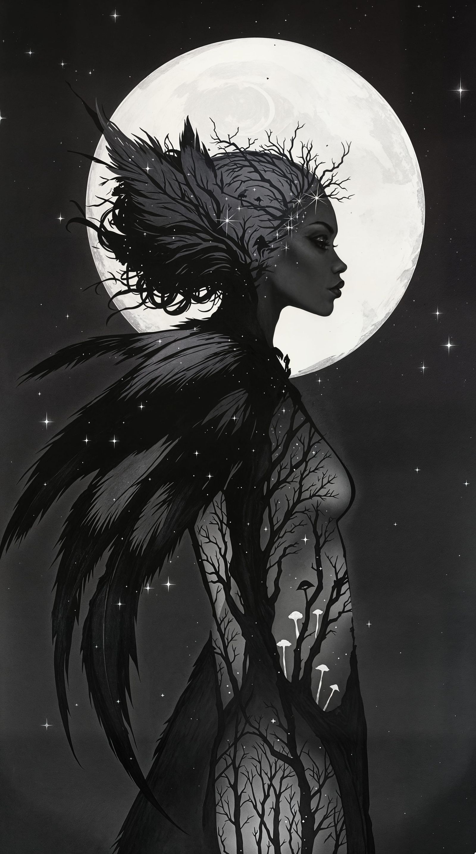 Ethereal Black Fairy Under Pale Moonlight