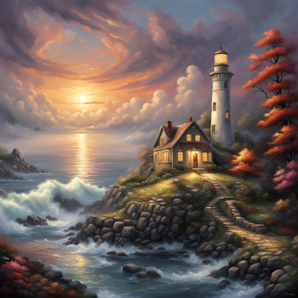 Ethereal Lighthouse in Misty Twilight: Fantasy Digital Art