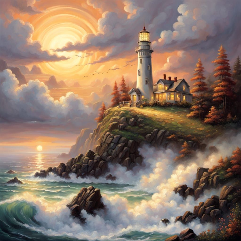 Twilight Lighthouse on Rocky Island in Acrylic Style