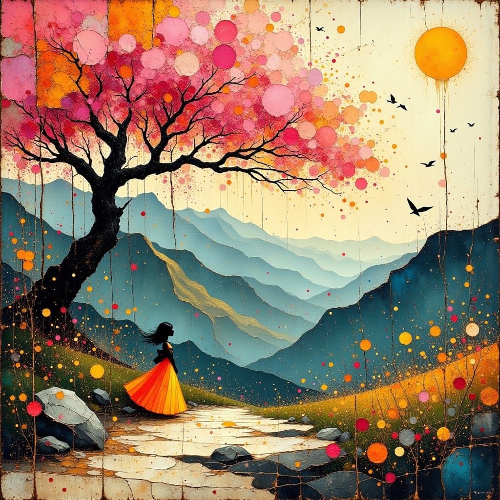 Vibrant Cherry Blossom Landscape Painting