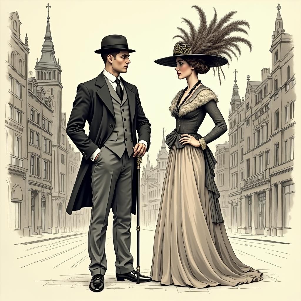 Elegant Couple in Cityscape, Pen and Ink Drawing