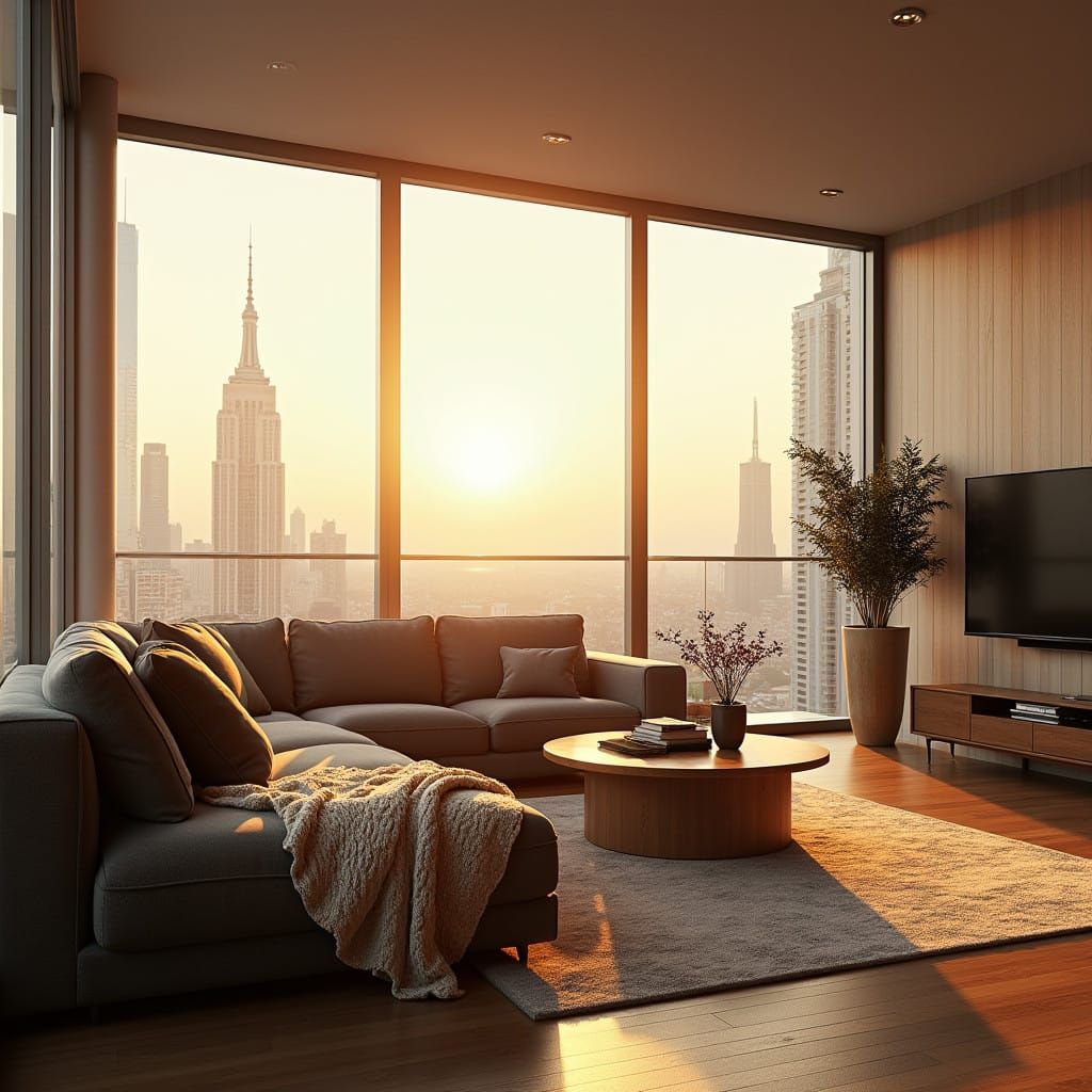 Luxurious Minimalist Living Room in Warm Golden Light