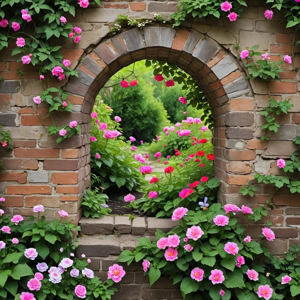 Blooming Garden View Through a Wall Hole