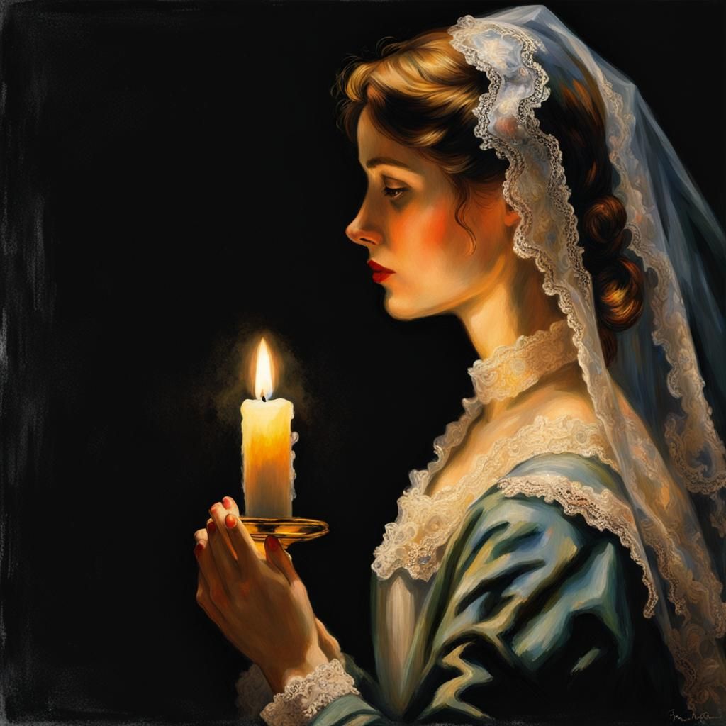 Veiled Woman Lit by Candlelight in Impressionist Style
