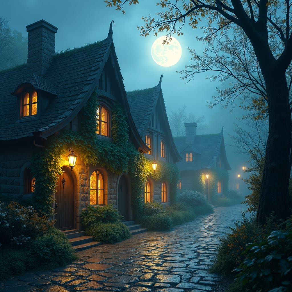Moonlit Village: Enchanting Matte Painting in 8K