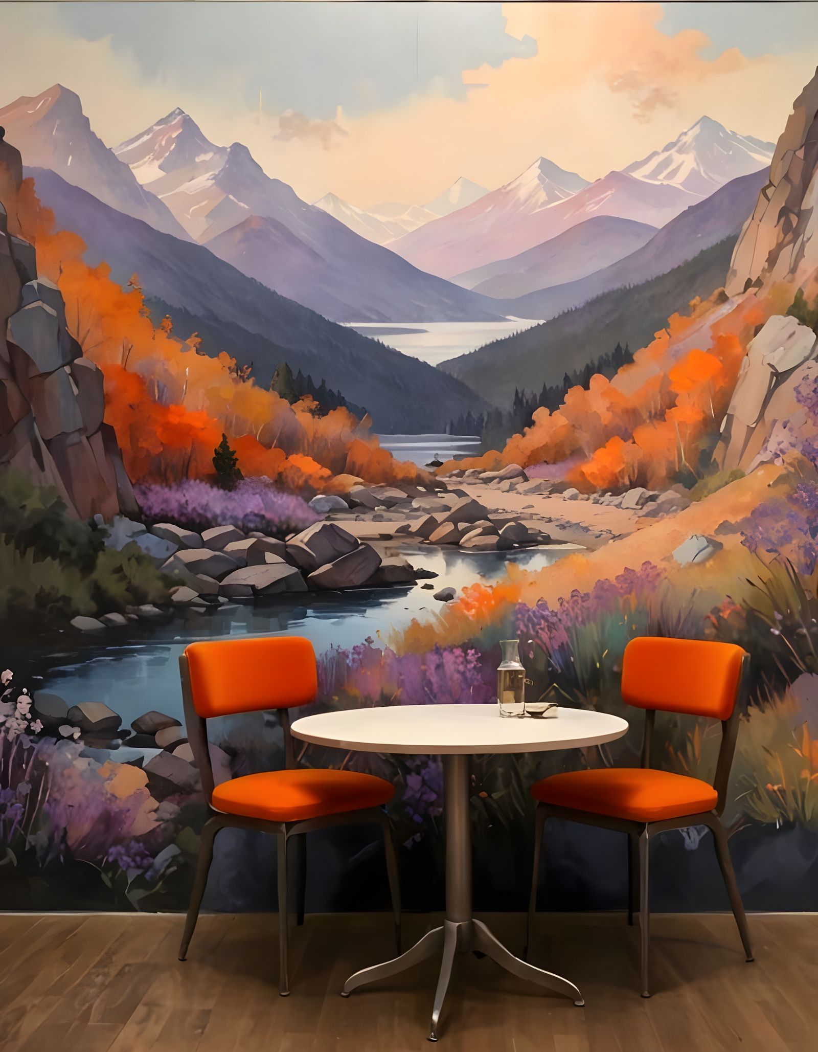 Impressionistic Mountain Mural with Distant Lake