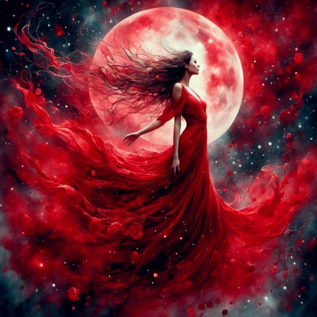 Woman in Red Gown with Golden Birds in Space