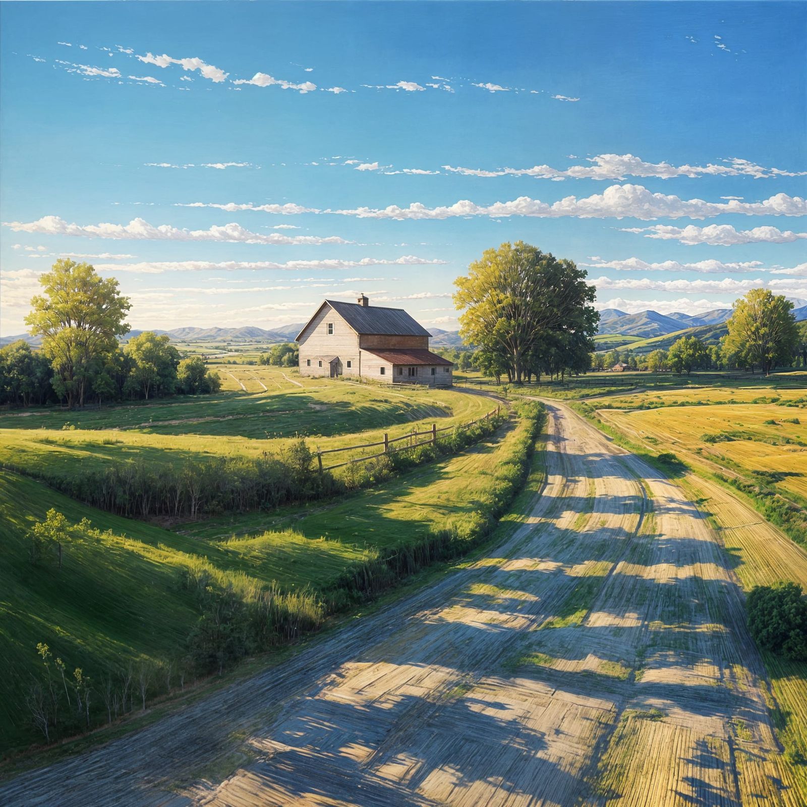 Golden Hour Gravel Road Serene Countryside Oil Painting