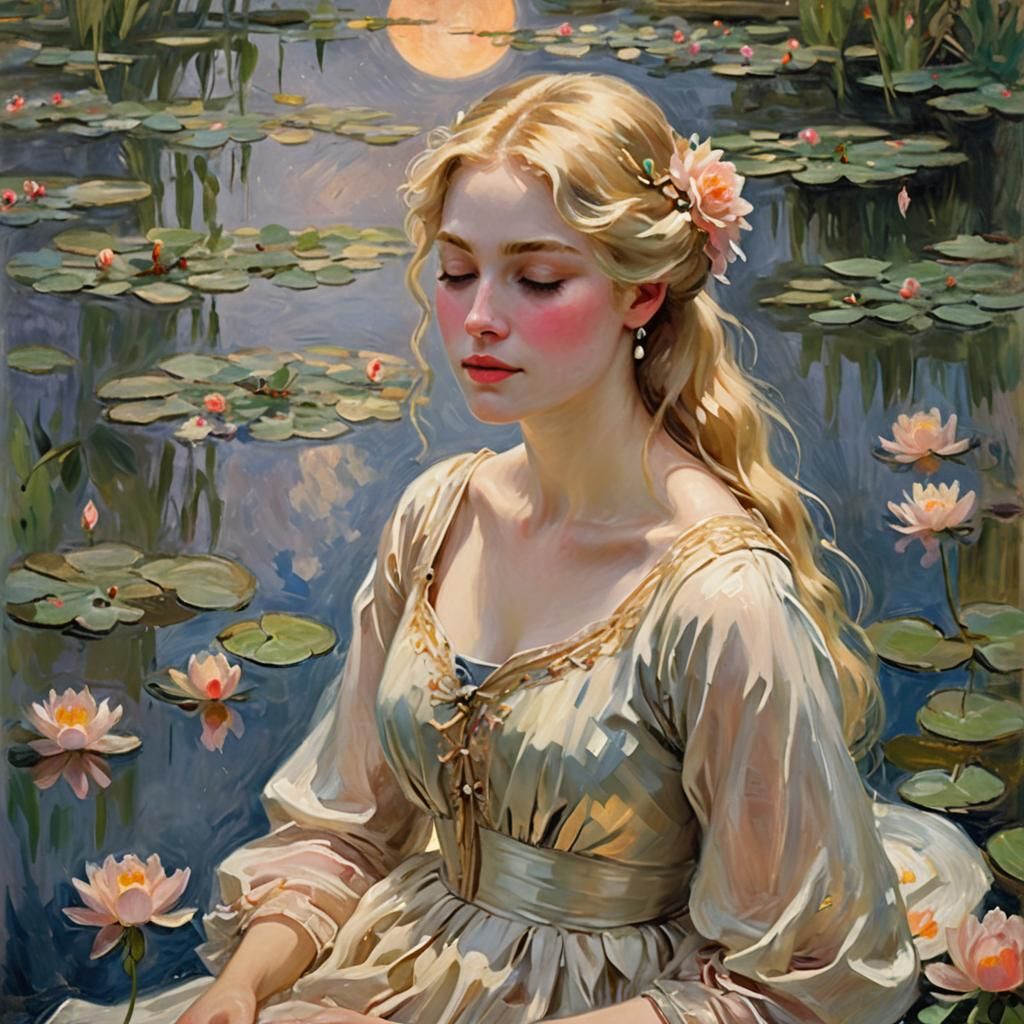 Moonlit Serenity: Blonde Woman in Impressionist Style