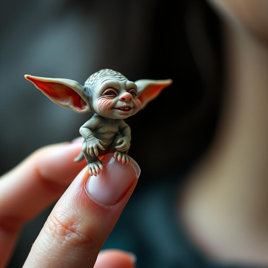Tiny Goblin Perched on Fingertip: A Masterpiece