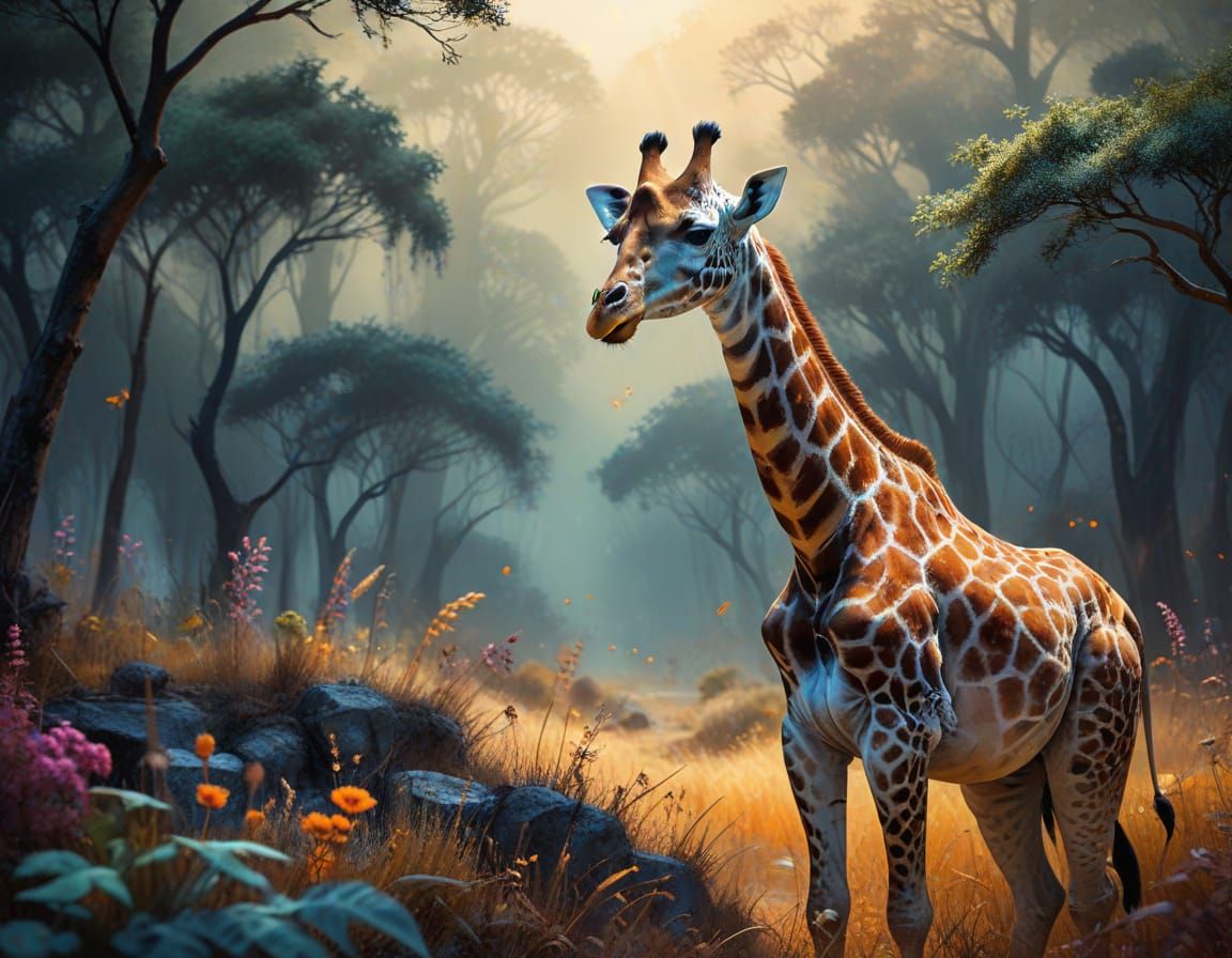 Vibrant Giraffe in Dreamlike Landscape