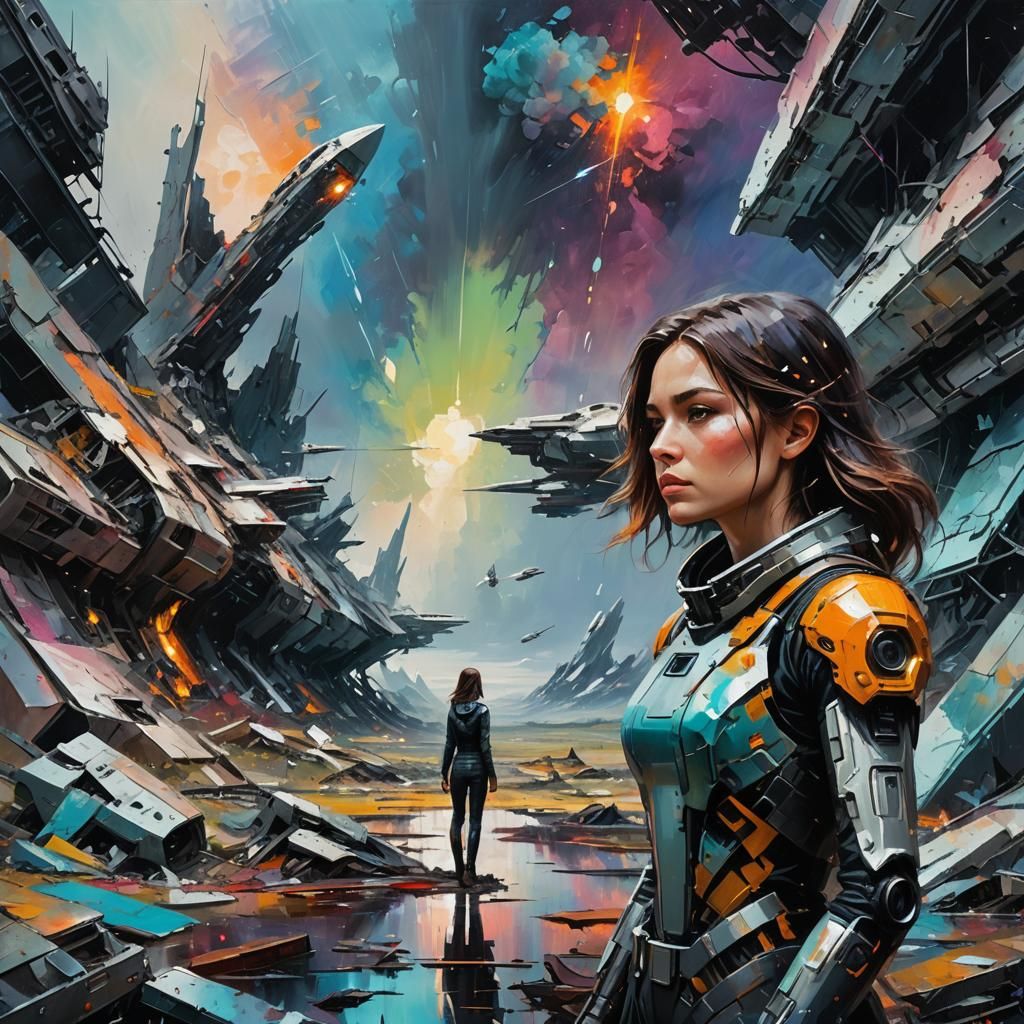 Futuristic Abstract Oil Painting with Crashed Spaceship