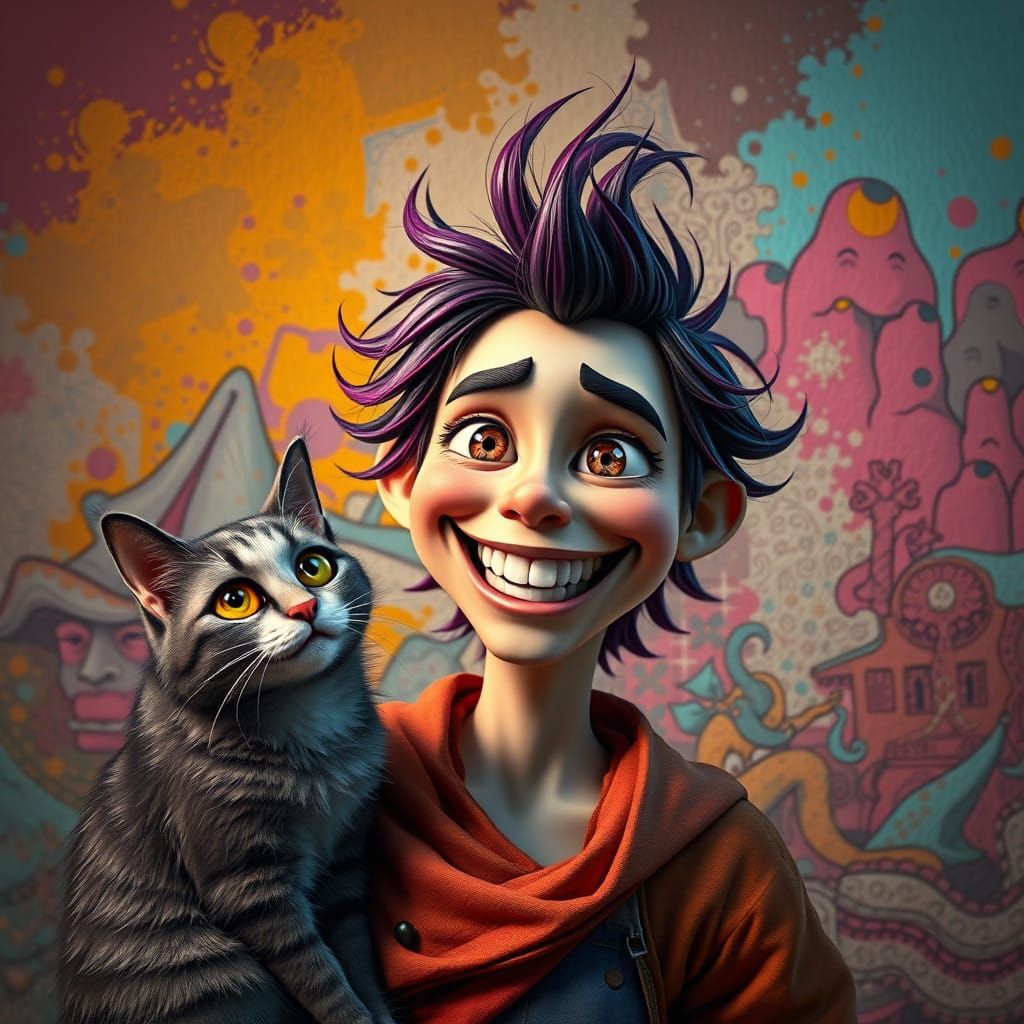 Whimsical Fantasy Character with Enchanted Feline Companion