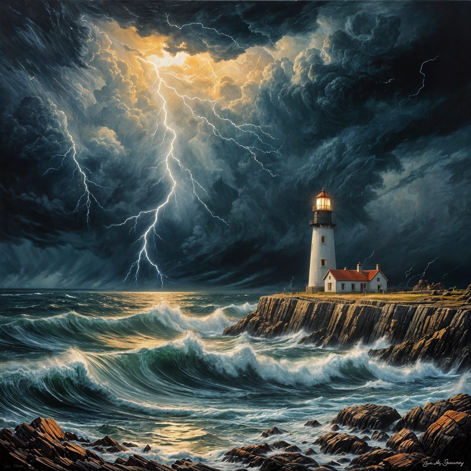 Lighthouse in Stormy Seas Oil Painting