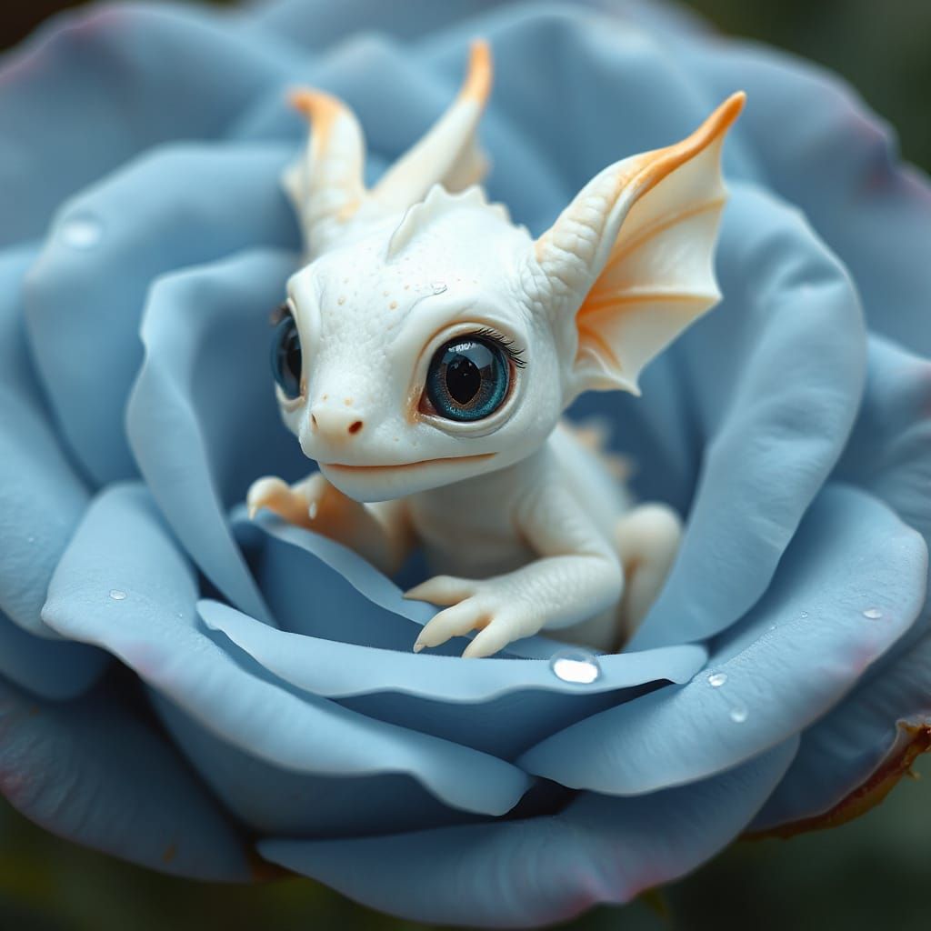 White Baby Dragon in Blue Rose, Botanical Art