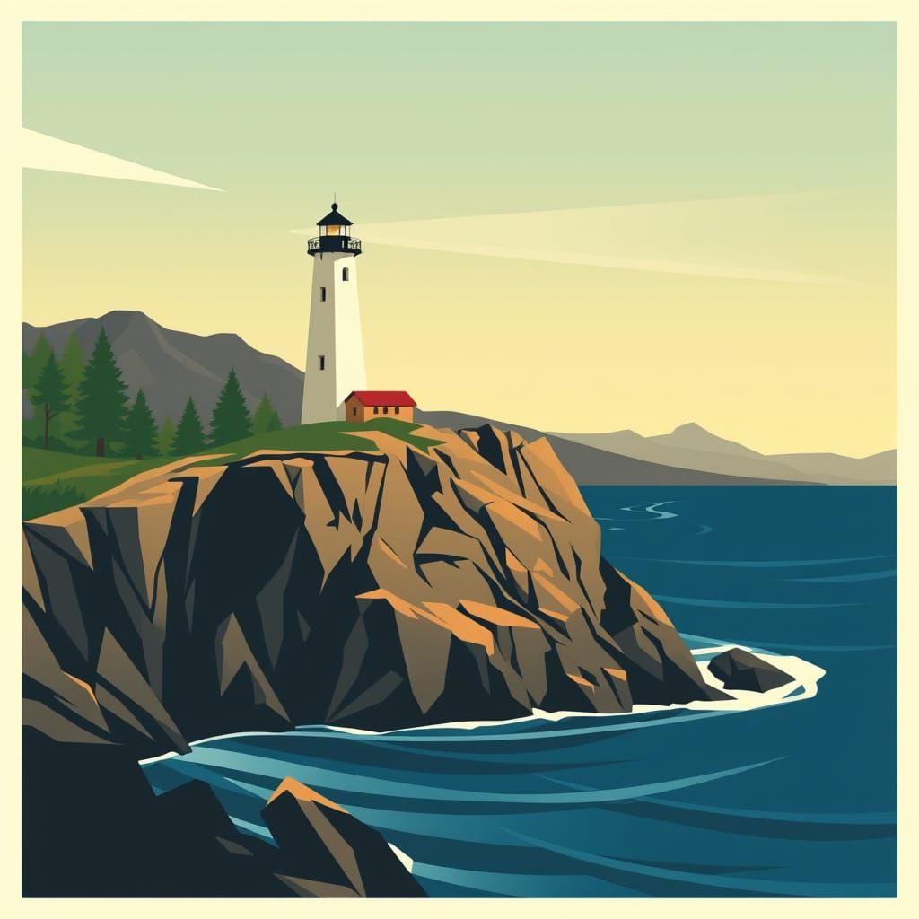 Vintage WPA-Style Lighthouse on Rugged Cliff