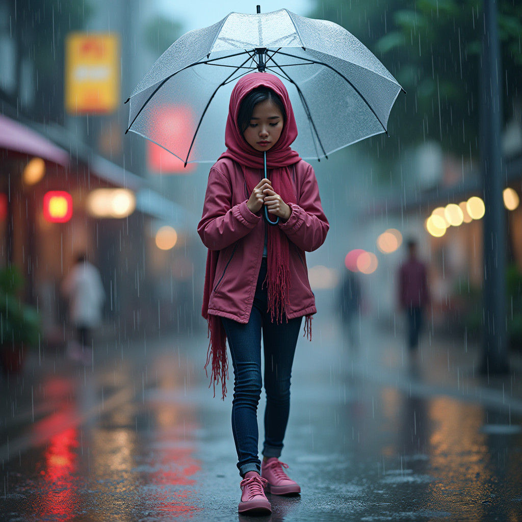Melancholic Malay Woman in Rainy City: Caricature Art