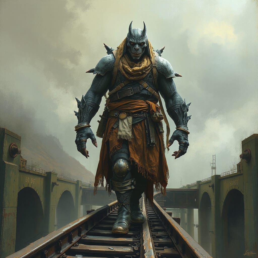 Dieselpunk Monster on Train Bridge Oil Painting