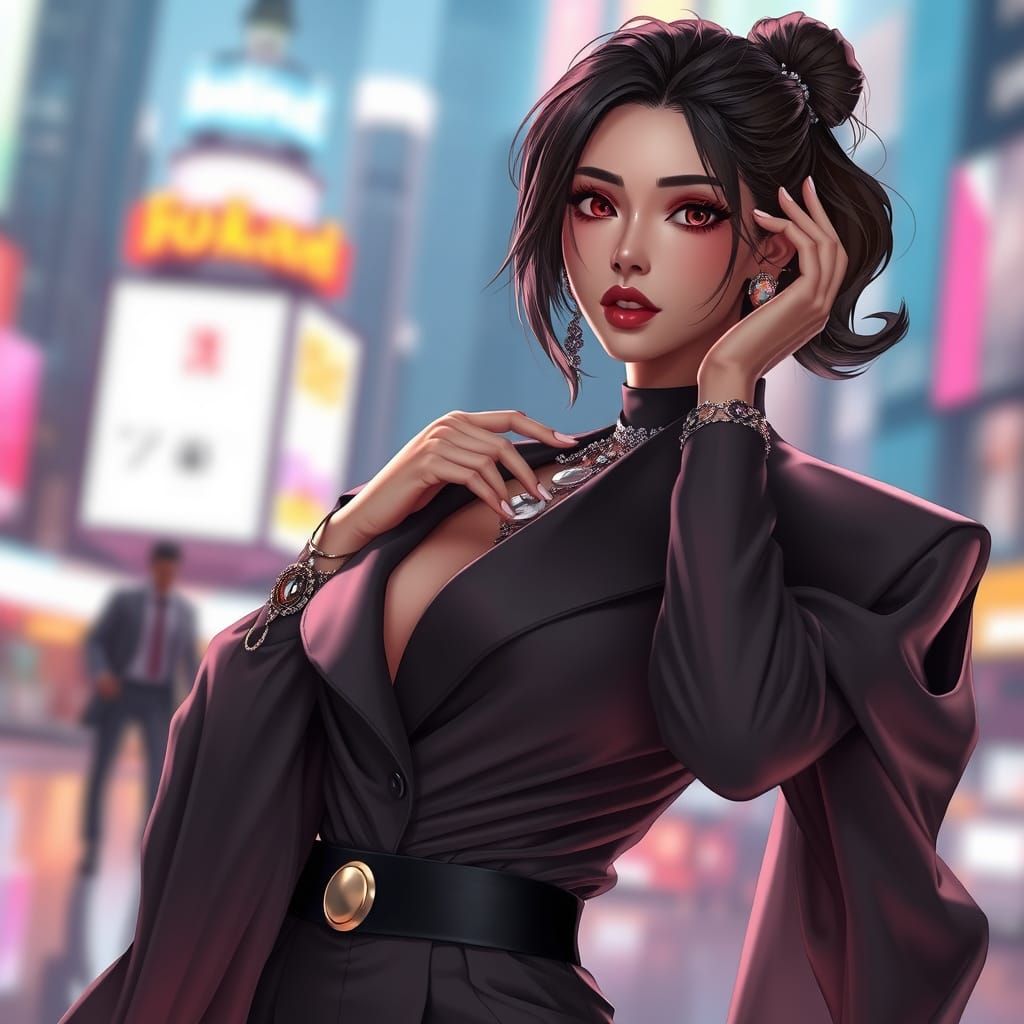 Elegant Fashionista in Futuristic Cityscape