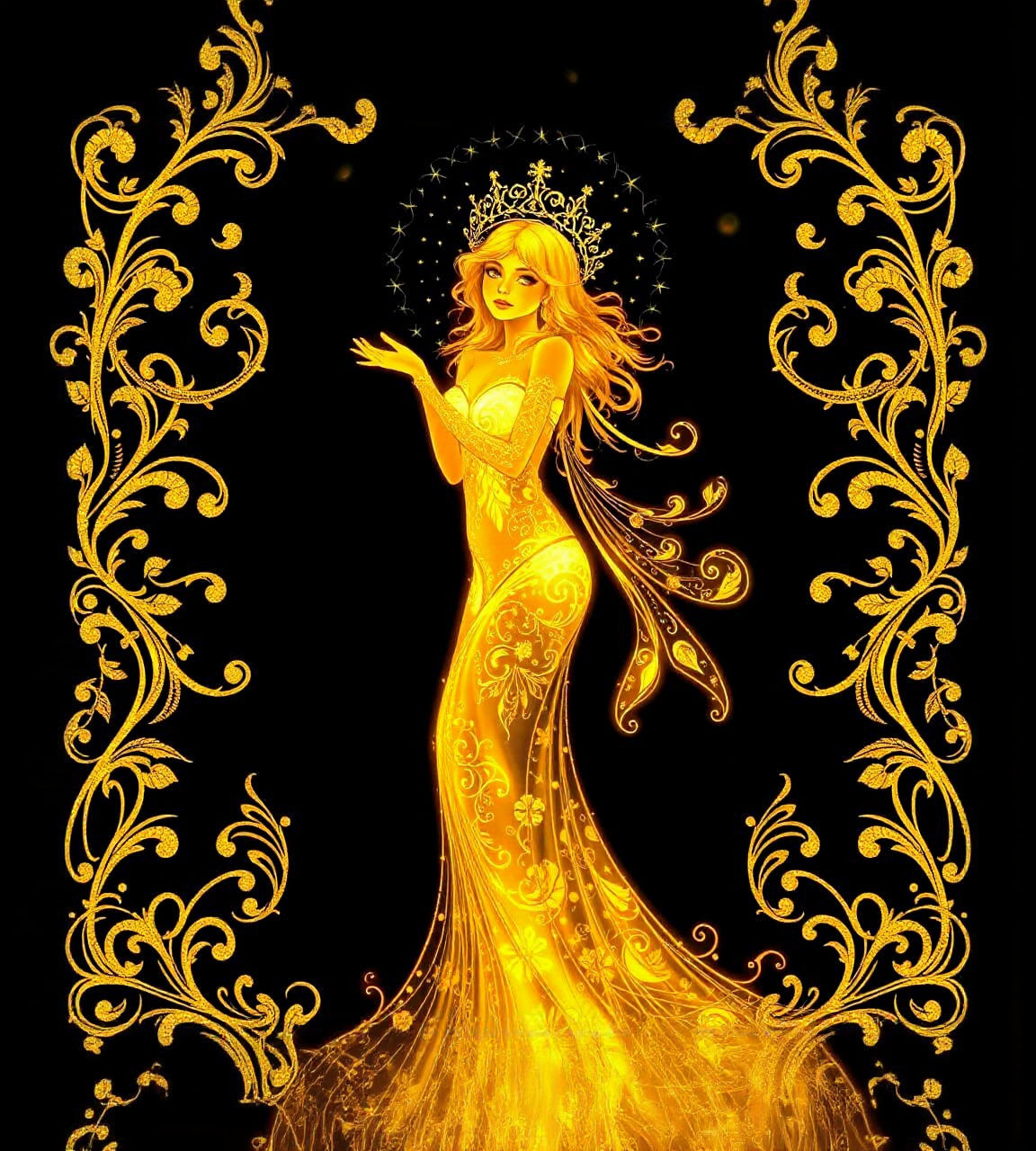 Ethereal Bioluminescent Maiden with Golden Filigree