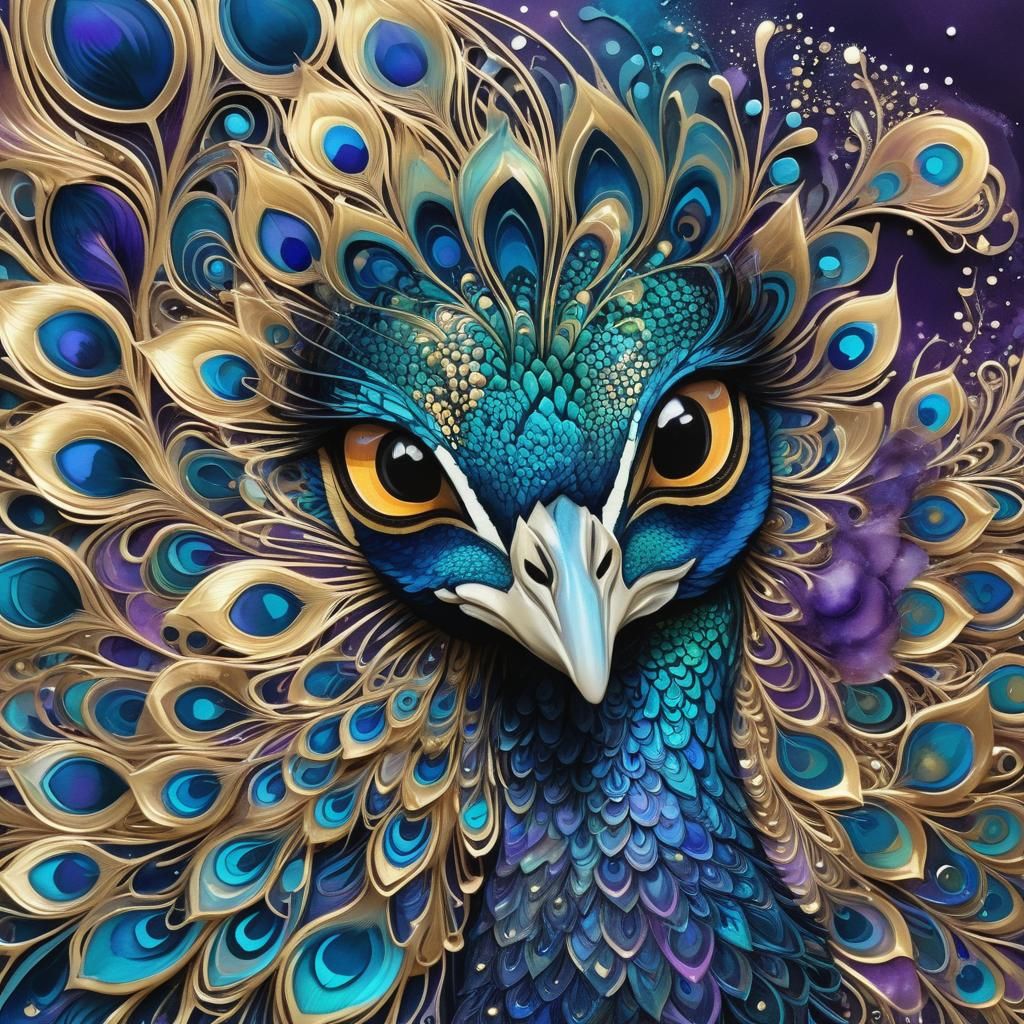 Sparkling Peacock Under Moonlight in Alcohol Ink Style