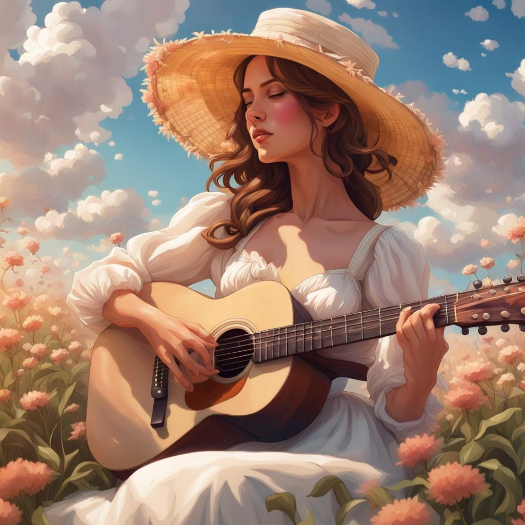 Girl Plays Guitar in Flower Field, Digital Art