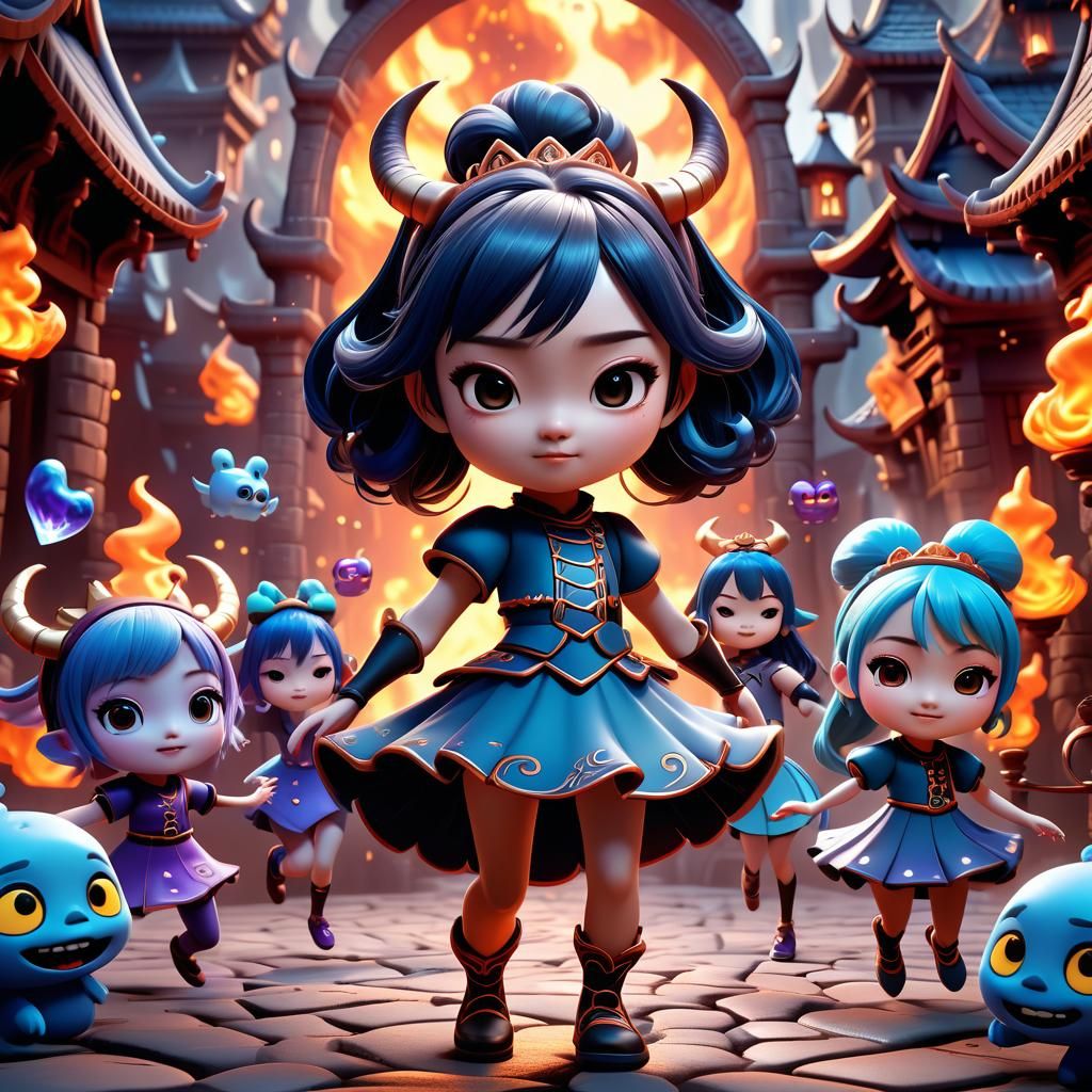 Chibi Anime Women Dancing in Hell: Digital Art