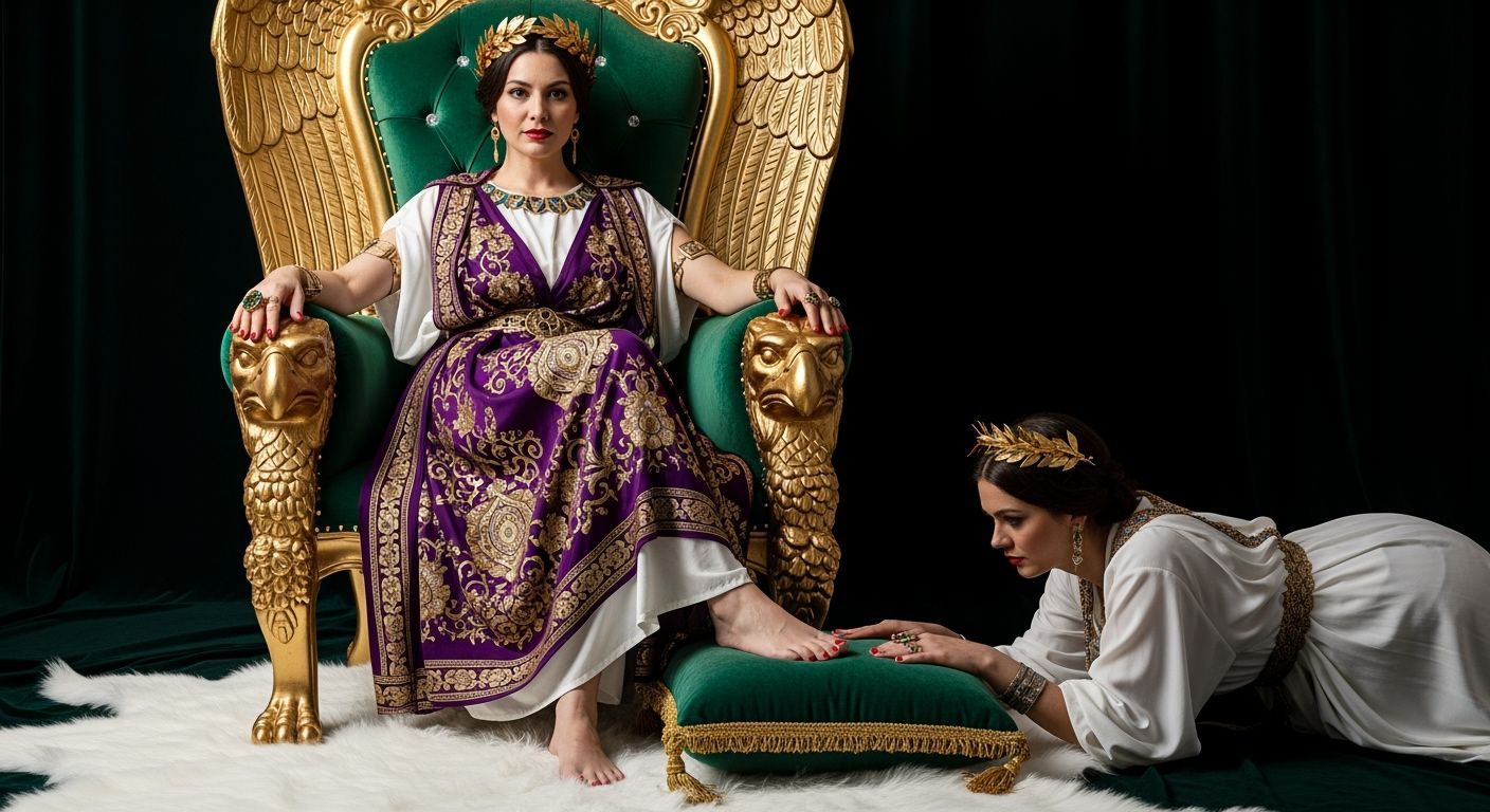 Barefoot Roman Empress on Gold and Emerald Throne