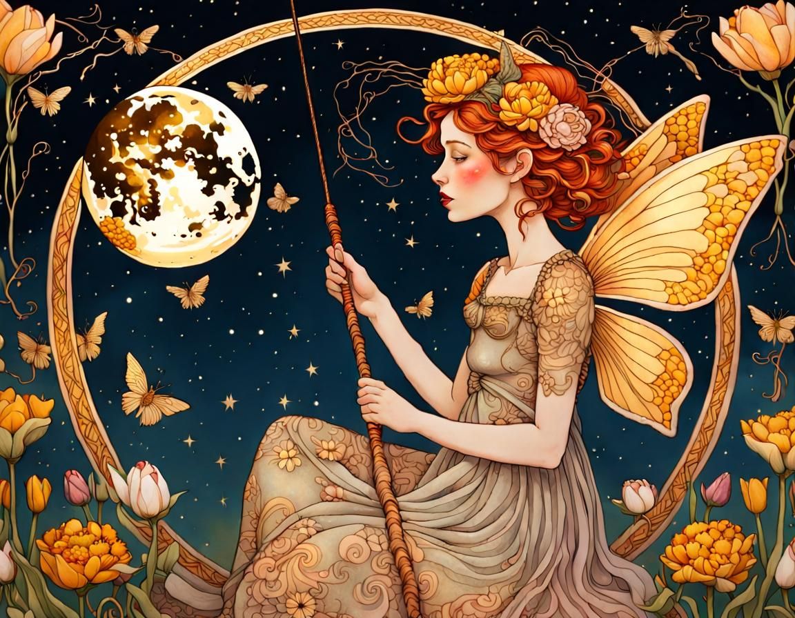 Fairy Fishing for Clouds in Art Nouveau Style