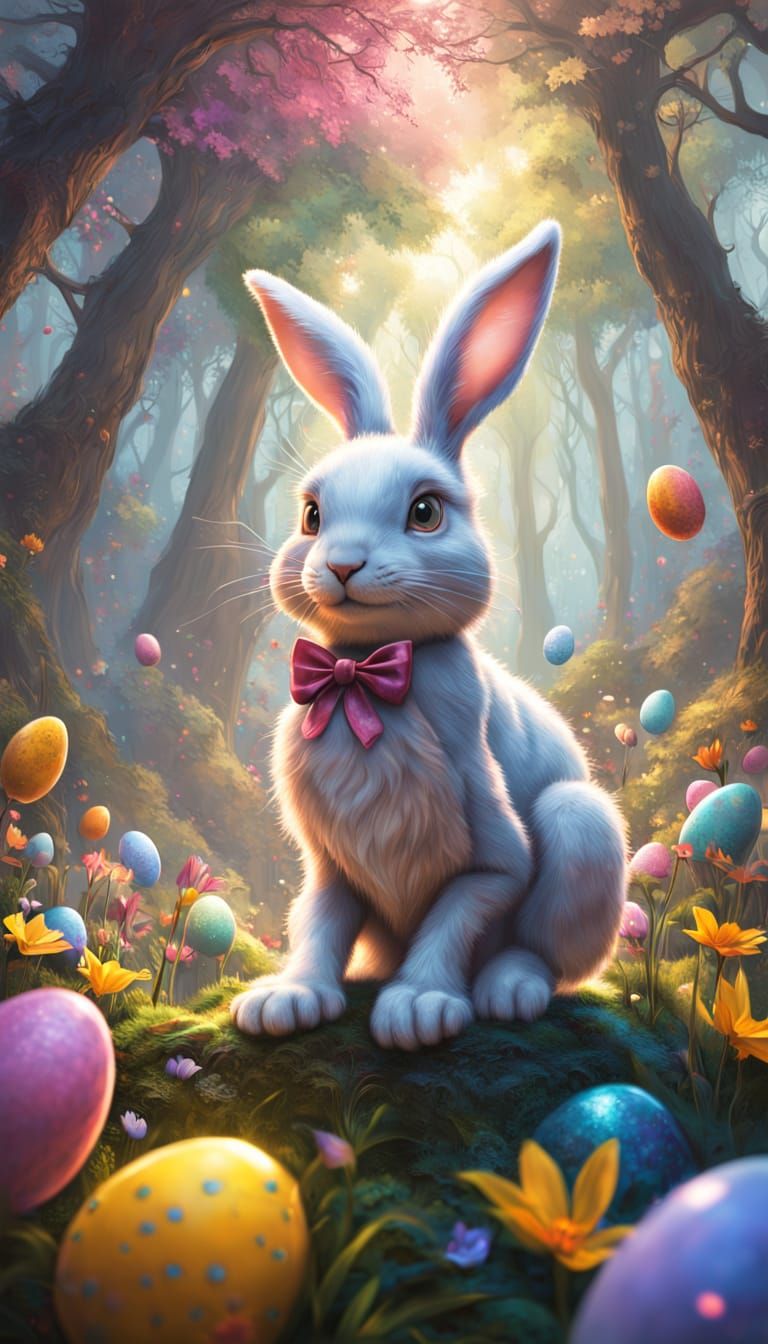 Whimsical Easter Bunny in a Spring Forest Paradise