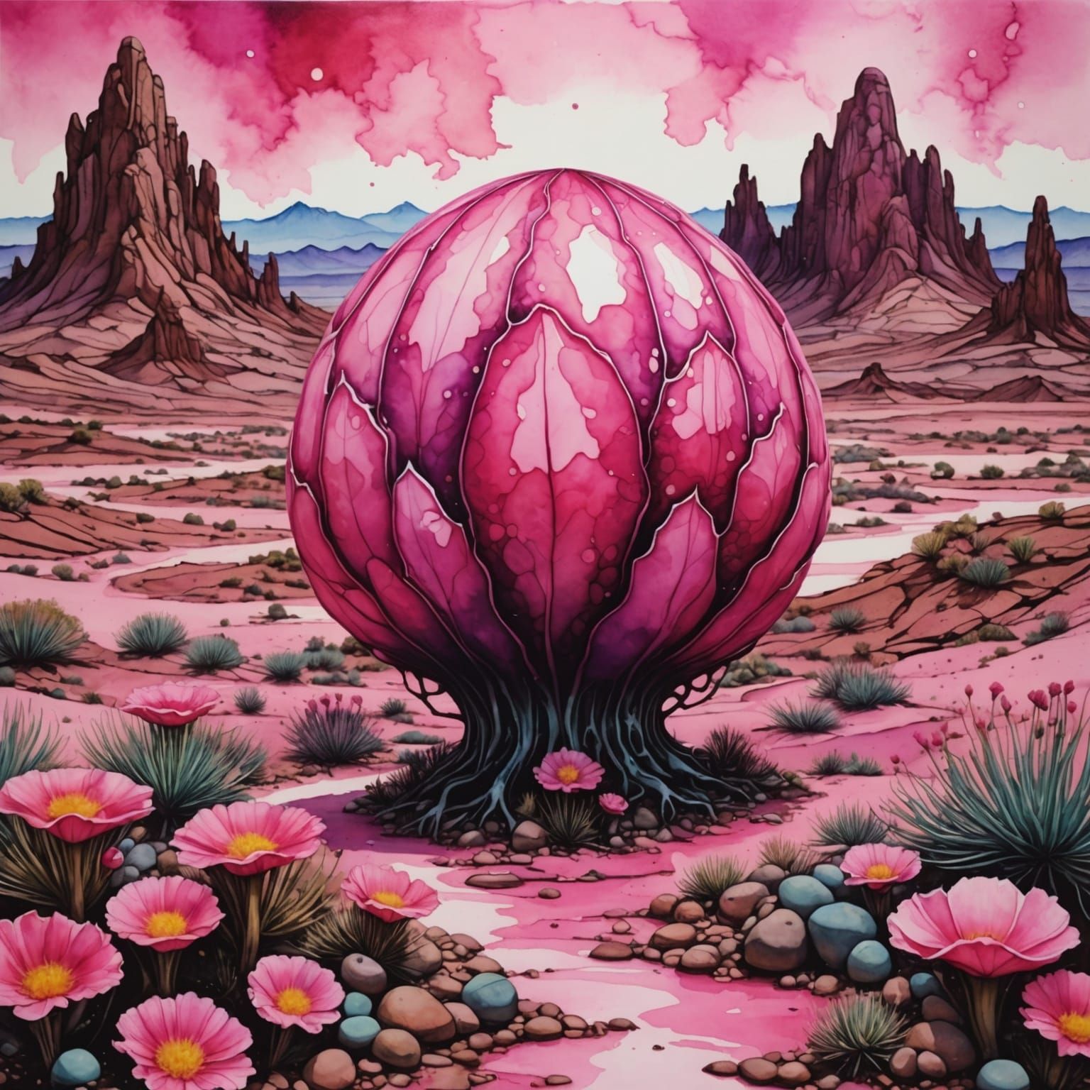 Pink Alcohol Ink Flower in Alien Desert Landscape